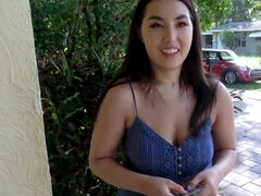 Pretty brunette Mina Moon sucks a dick on the street