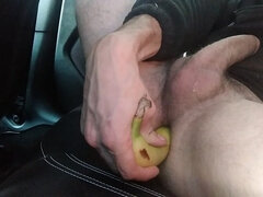 Big Cock Man in Car, Train his Anus with a Small Toy, then Insert half a Banana, Likes it and Cums