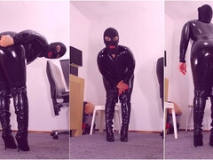 633. Worship Latex Goddess Shiny Body in a Black Latex Catsuit, a Black Mask, Shiny Thigh High Boots with Stiletto Heel