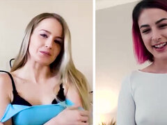 Two juicy lesbian girlfriends Scarlett Sage and Kristen Scott have some masturbation fun before the wedding