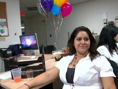 Office women adore the stripper so much they give blowjob on his cum cannon