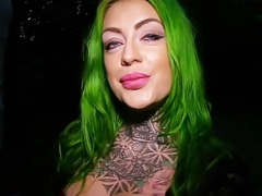 Inked floozy giving head cum cannons and taking facials in public