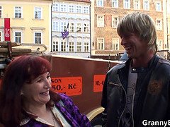 Horny dude picks up redhead granny for a wild ride in hardcore reality video