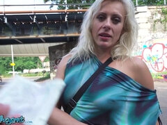 Horny blonde mature lady with great tits and long grippy pussy lips orgasms on a thick cock outside in public - Brittany bardot POV