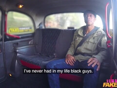 A lady taxi driver works on a big black cock in the backseat