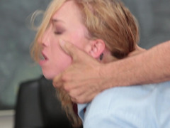 A blonde with curly hair is getting a cum cannon inside her white snatch