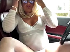 Amateur shemale Kellycd2022 sexy milf masturbating in her car in sexy white pantyhose and small white panties and heels