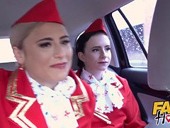 Faux hostel flight attendants in stockings surprise young guest