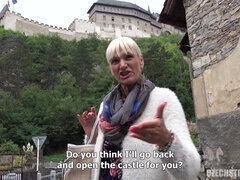 Tour Guide from Karlstejn - busty blonde Czech mature mom with saggy tits gets cum on tits outside