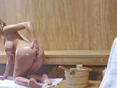 Oiled up porn star getting so damn horny in the sauna