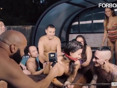 Gagged Spanish Brunette Susy Gala Rides Hard Cock In Group BDSM Sex in the Pool