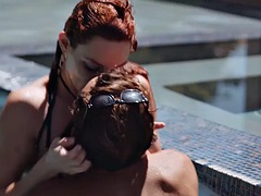 Deepthroat redhead babe fucked by BF after pool blowjob