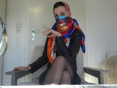 Satin scarf mask, headscarf and leather jacket