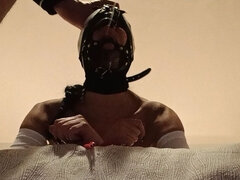 Bound and Hooded in a Bed I Have My Mouth Fucked. Ring Gag, Lot of Spit and Huge Oral Creampie