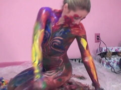 Small-titty slut gets messy with paint in room