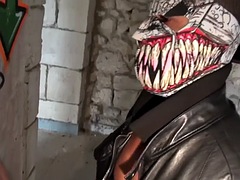 Masked stallion in leather jacket fucks ass after blowjob
