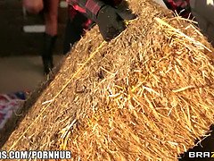 Busty blonde cowgirl Melissa Matthews goes for a roll in the hay