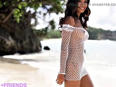 Black teen with round tits Putri Cinta sucks dick on the beach