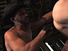 Gloved fisting cowboy blowjob to boyfriend in hay stable