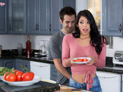 Gina Valentina pleasures her horny boyfriend in the kitchen