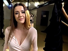 POV - Petite brunette Sybil strips naked and fucks you on set