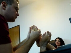Caught and dominated by his sexy boss (foot domination, foot worship, high heels, long toes, soles)