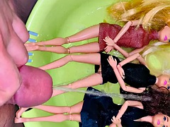 Small penis cums and pisses on Barbie dolls - Golden shower on dolls