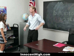 Innocent brunette Protestor gets facialized & fucked in classroom
