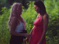 Vanessa Decker & Angel Wicky passionate lesbian hook up in the woods