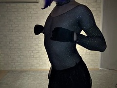 Sexy dress, fishnet stockings, high heels and cum