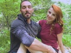 Redhead French gf blows dick in the woods