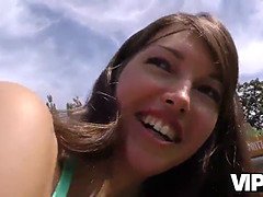 Hunter fucks beach babe in public POV and cuckolds her with a blowjob