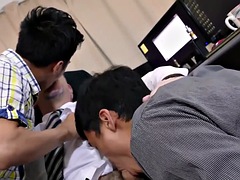 Office milf spoils Asian twinks in threesome with anal without condom