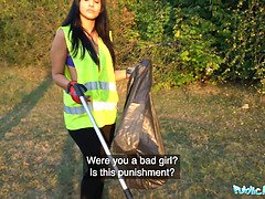 Hot brunette criminal is taken into the woods for an outdoors fucking