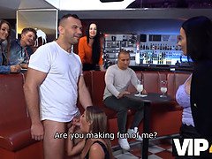 Silvia Dellai gets her shaved pussy pounded in public while cuckold watches on VIP4K