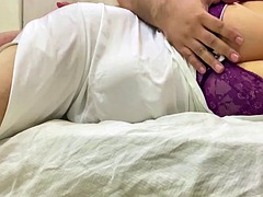 Fucking my stepmom with big tits, behind her big tits bouncing on her bed. big tits horny her big tits bouncing