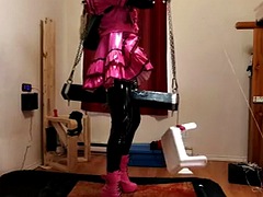 Sissy maid stuck on huge dildo on wooden pony