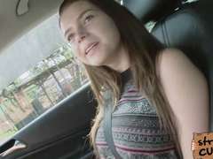 Big tittied teen Marina bangs at the car hood while moaning