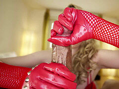 Tir de sperme, Femme dominatrice, Gants, Latex