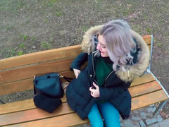 Teen nympho Eva Elfie sucking big boner on the park bench