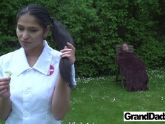 Granddadz makes his young assistant Ava Black cum with his pigtails and HD camera