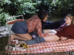 Lesbian college teens hairy pussy licking at a picnic