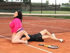 Rotund big beautiful women sixtynining on the tennis court