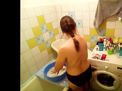 Spying caught like a naked mommy washing clothes - MyNakedStepmother