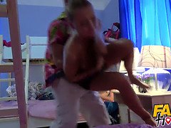 Hot slim blonde Russian babe fucked hard after Dutch lesbian friend tries to cock block but ends up watching her friend cumming on thick cock and havi