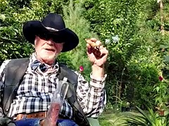 Cowboy daddy on break and pumping his cock