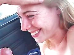 Cute blonde sucks a cock during a car ride