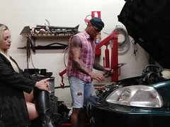 Busty blonde whore ass fucked by BBC in car repair shop