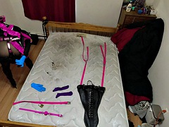 Sissy maid tied up in self bondage, tied hand and foot