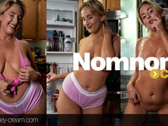Nomnom - PAWG blonde wife plays with boobs by the fridge - tasty creamed up tits
